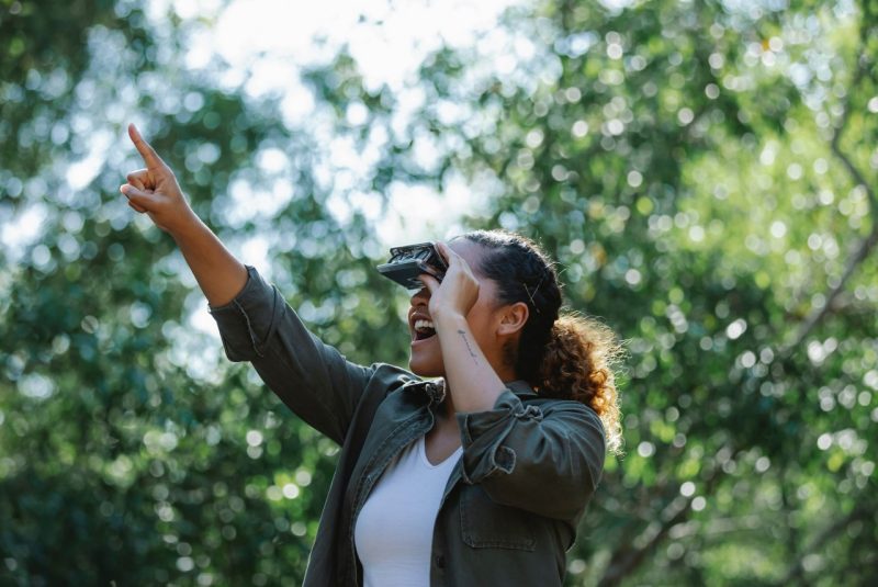 A person looks through a pair of binoculars in a forest. 