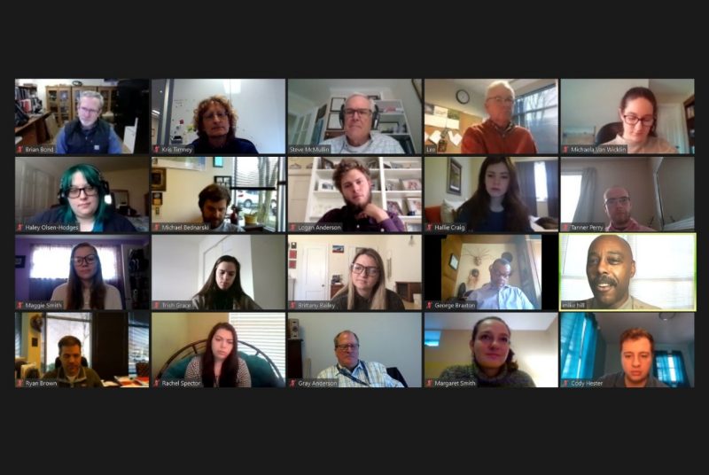 Screen shot of an online Zoom meeting with 20 participants, including students and professionals.